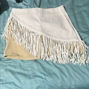 Le Lis Asymmetrical Fringe Skirt in White and Tan